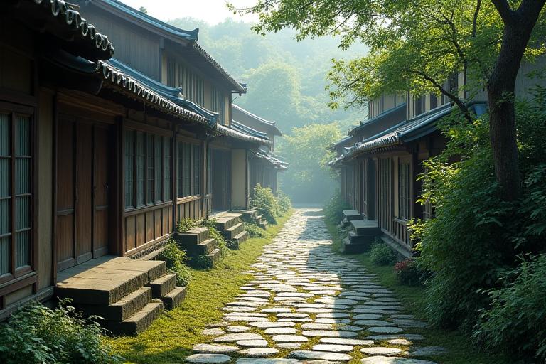 石畳の古道に広がる日本の古い村