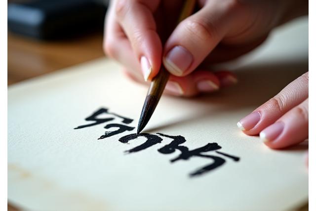書道筆を持つ手のアップと美しい書